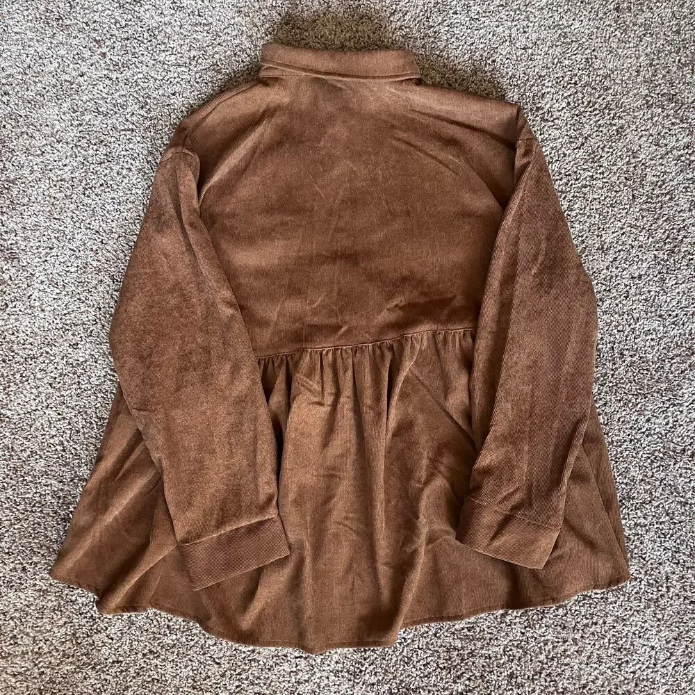 Brown Corduroy Babydoll Peplum Button Down‎ Shirt - Picture 3 of 5
